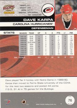 2001-02 Pacific #76 Dave Karpa Back