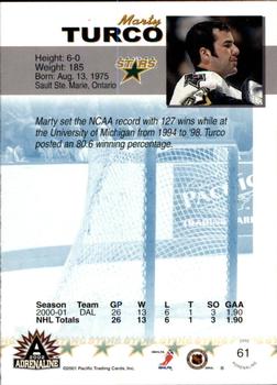 2001-02 Pacific Adrenaline #61 Marty Turco Back