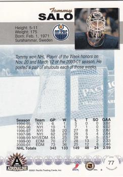 2001-02 Pacific Adrenaline #77 Tommy Salo Back