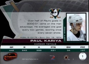 2001-02 Pacific Atomic #1 Paul Kariya Back