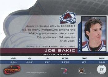 2001-02 Pacific Atomic #27 Joe Sakic Back