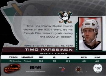 2001-02 Pacific Atomic #102 Timo Parssinen Back
