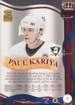 2001-02 Pacific Crown Royale #4 Paul Kariya Back