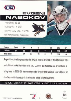 2001-02 Pacific Heads Up #84 Evgeni Nabokov Back