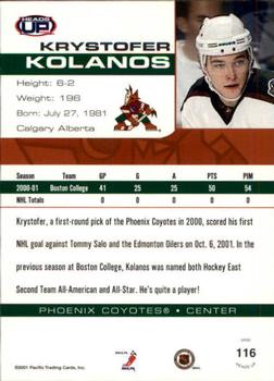 2001-02 Pacific Heads Up #116 Krystofer Kolanos Back
