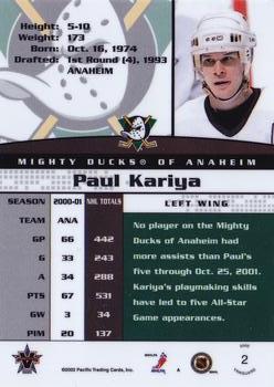 2001-02 Pacific Vanguard #2 Paul Kariya Back