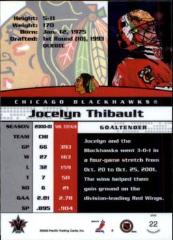 2001-02 Pacific Vanguard #22 Jocelyn Thibault Back