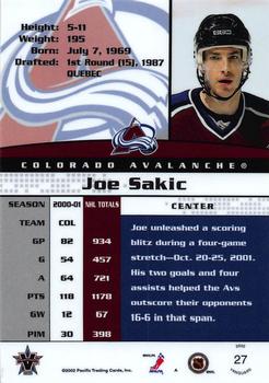 2001-02 Pacific Vanguard #27 Joe Sakic Back