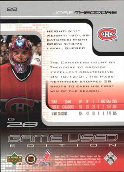2001-02 SP Game Used #28 Jose Theodore Back
