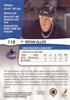2001-02 Stadium Club #118 Bryan Allen Back