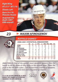 2001-02 Stadium Club #23 Maxim Afinogenov Back