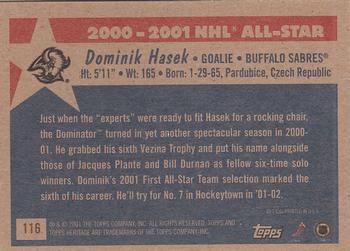 2001-02 Topps Heritage #116 Dominik Hasek Back