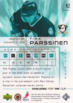 2001-02 Upper Deck Challenge for the Cup #92 Timo Parssinen Back