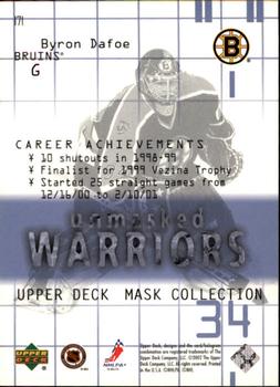 2001-02 Upper Deck Mask Collection #171 Byron Dafoe Back