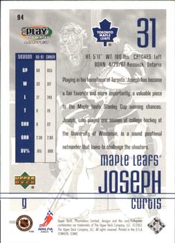 2001-02 Upper Deck Playmakers #94 Curtis Joseph Back