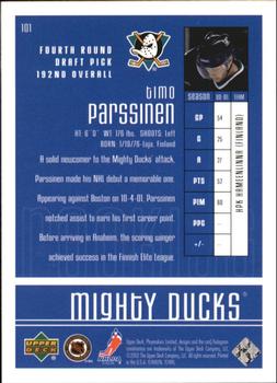2001-02 Upper Deck Playmakers #101 Timo Parssinen Back
