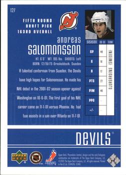 2001-02 Upper Deck Playmakers #127 Andreas Salomonsson Back