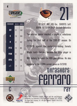 2001-02 Upper Deck Playmakers #4 Ray Ferraro Back