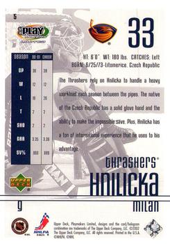 2001-02 Upper Deck Playmakers #5 Milan Hnilicka Back