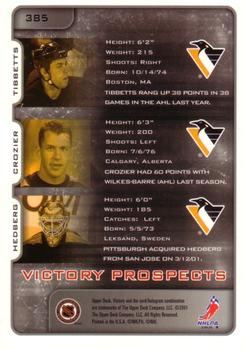 2001-02 Upper Deck Victory #385 Billy Tibbetts / Greg Crozier / Johan Hedberg Back
