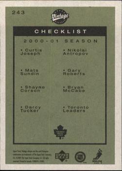 2001-02 Upper Deck Vintage #243 Maple Leafs Checklist Back