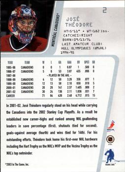 2002-03 Be a Player Between the Pipes #2 Jose Theodore Back