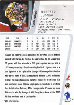 2002-03 Be a Player Between the Pipes #4 Roberto Luongo Back