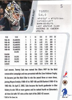 2002-03 Be a Player Between the Pipes #5 Tommy Salo Back