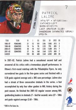 2002-03 Be a Player Between the Pipes #7 Patrick Lalime Back