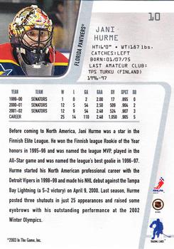 2002-03 Be a Player Between the Pipes #10 Jani Hurme Back