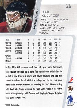 2002-03 Be a Player Between the Pipes #11 Dan Cloutier Back
