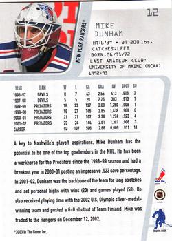 2002-03 Be a Player Between the Pipes #12 Mike Dunham Back
