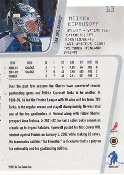 2002-03 Be a Player Between the Pipes #13 Miikka Kiprusoff Back
