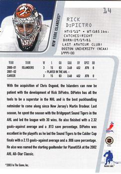 2002-03 Be a Player Between the Pipes #14 Rick DiPietro Back