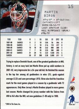 2002-03 Be a Player Between the Pipes #15 Martin Biron Back
