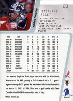 2002-03 Be a Player Between the Pipes #20 Stephane Fiset Back