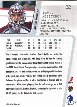 2002-03 Be a Player Between the Pipes #22 David Aebischer Back