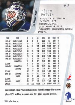 2002-03 Be a Player Between the Pipes #27 Felix Potvin Back