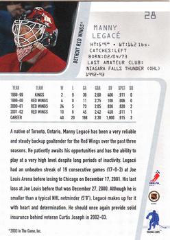 2002-03 Be a Player Between the Pipes #28 Manny Legace Back