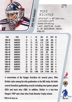 2002-03 Be a Player Between the Pipes #29 Mike Richter Back