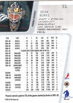 2002-03 Be a Player Between the Pipes #31 Sean Burke Back