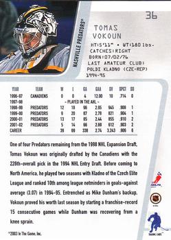 2002-03 Be a Player Between the Pipes #36 Tomas Vokoun Back