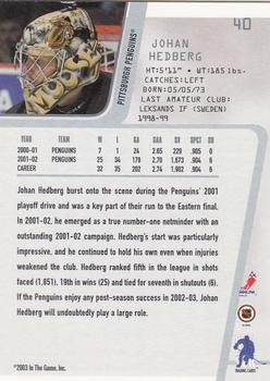 2002-03 Be a Player Between the Pipes #40 Johan Hedberg Back