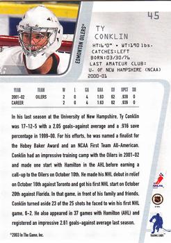 2002-03 Be a Player Between the Pipes #45 Ty Conklin Back