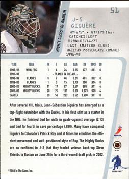 2002-03 Be a Player Between the Pipes #51 Jean-Sebastien Giguere Back