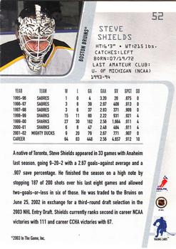 2002-03 Be a Player Between the Pipes #52 Steve Shields Back