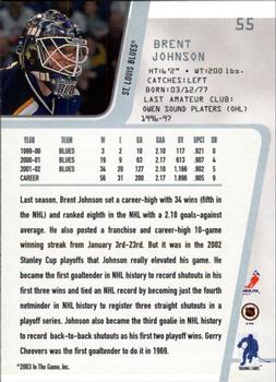2002-03 Be a Player Between the Pipes #55 Brent Johnson Back