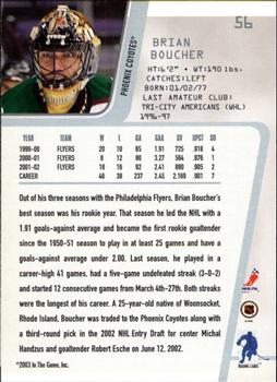 2002-03 Be a Player Between the Pipes #56 Brian Boucher Back