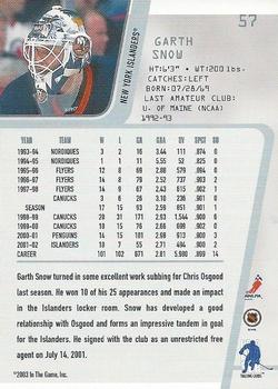 2002-03 Be a Player Between the Pipes #57 Garth Snow Back