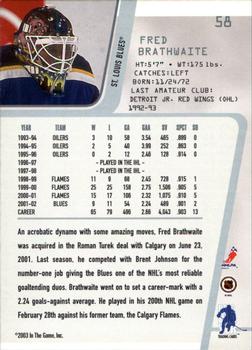 2002-03 Be a Player Between the Pipes #58 Fred Brathwaite Back